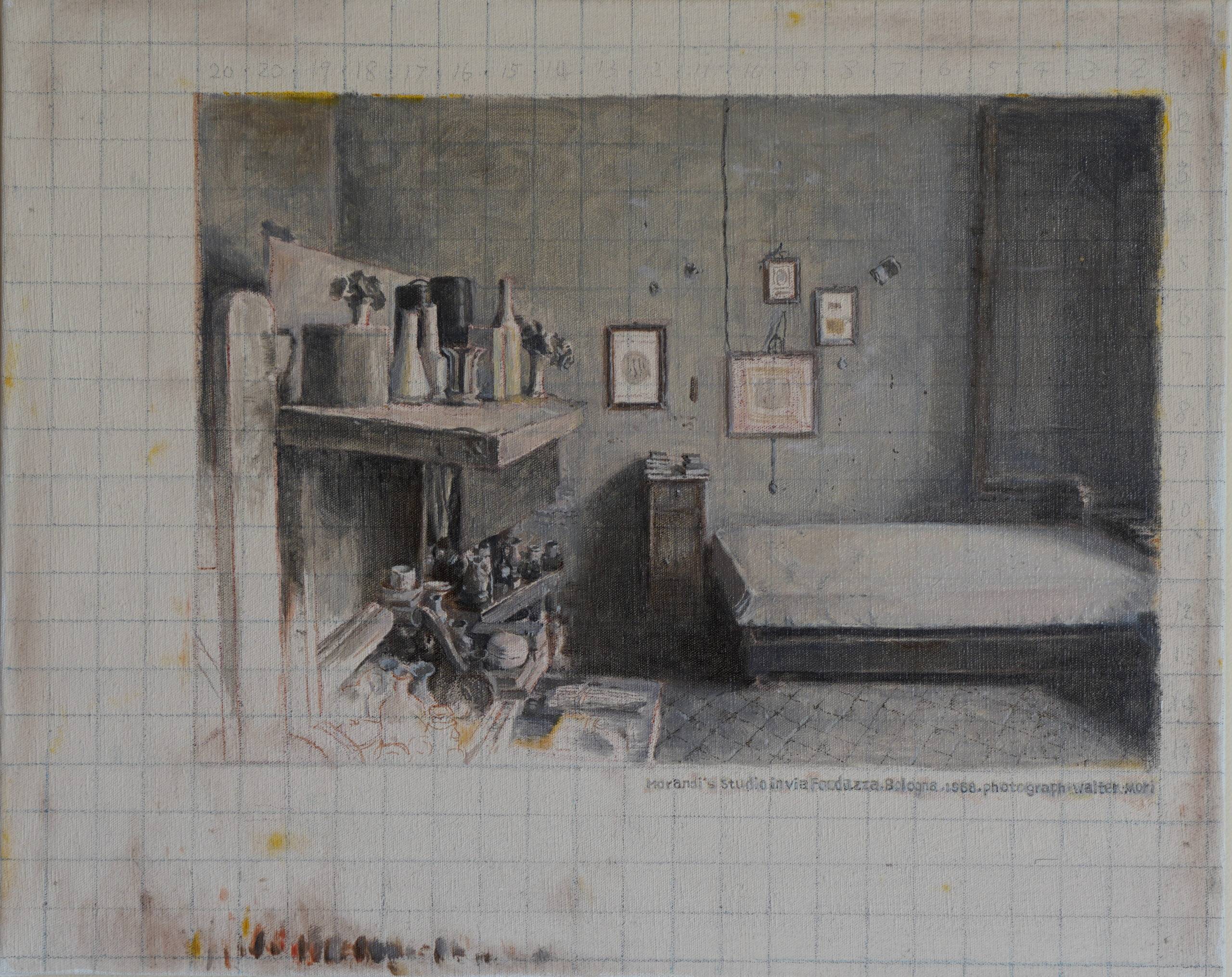 Morandi's Studio, 2022. 《莫蘭迪的工作室》， Oil,  Acrylic and Pastel on canvas, 布面油畫，丙烯和色粉筆，50.8 x 40.6cm